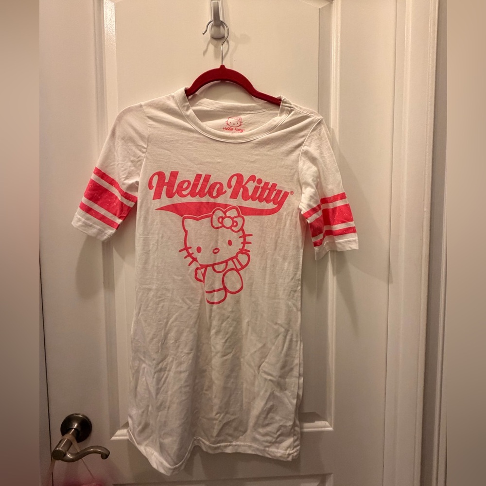 Hello Kitty White Sleep Tee with Pink Graphic and Stripe Sleeves